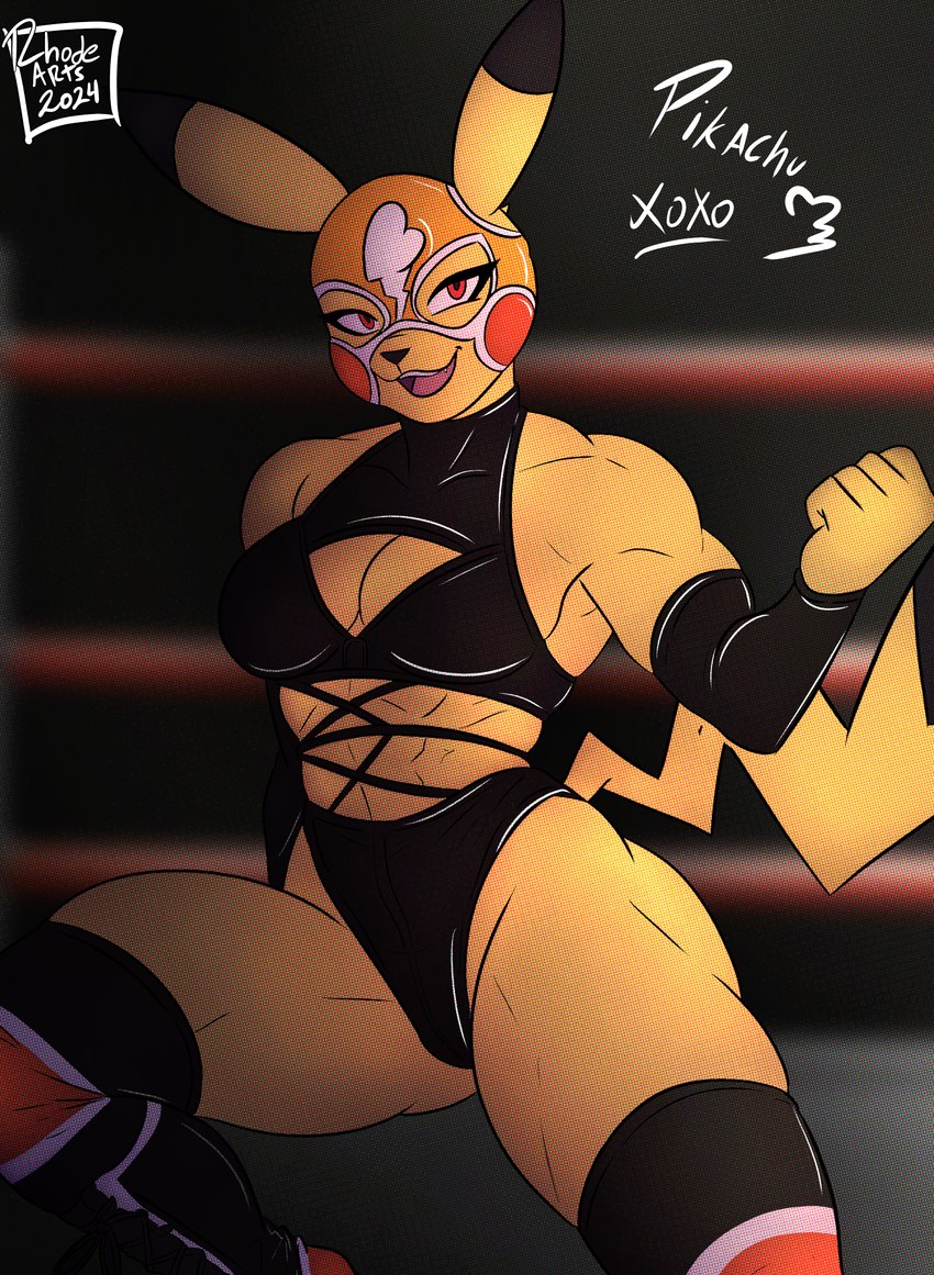 abs anthro athletic athletic_female autograph character_signature clothing cosplay_pikachu_(costume) female fighting_pose fighting_ring flexing flexing_bicep mask muscular muscular_anthro muscular_female pose posing_for_picture poster raised_arm solo sports_mask sportswear thick_thighs wide_hips wrestler wrestling_mask yellow_body rhode_arts nintendo pokemon pikachu_libre generation_1_pokemon pikachu pokemon_(species) hi_res