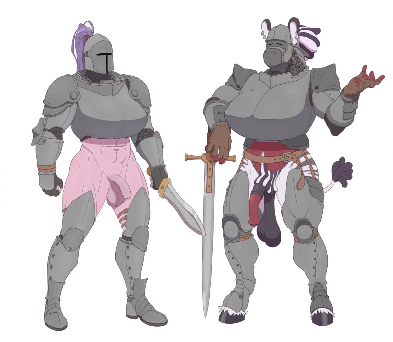 animal_genitalia animal_penis anthro armor balls black_balls black_hair breasts duo equine_genitalia equine_penis flaccid genitals gynomorph hair headgear helmet hooves intersex melee_weapon multicolored_hair muscular muscular_gynomorph muscular_intersex penis pink_balls pink_penis purple_hair saggy_balls sword unconvincing_armor weapon white_hair bubblebunnyboy auroror delrin equid equine mammal tarynn zebra hi_res