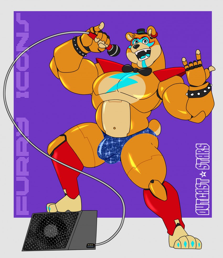 anthro barazoku belly bent_leg biceps border bow_tie bracelet bulge claws clothed clothing detailed_bulge devil_horns_(gesture) ear_piercing ear_ring electronics fur gesture hand_gesture hat headgear headwear holding_object jewelry machine male microphone musclegut muscular muscular_anthro muscular_male navel open_mouth open_smile orange_body pecs piercing pose purple_background raised_finger raised_pinky ring_piercing shoulder_pads simple_background smile solo sparkles speaker speedo spiked_bracelet spikes standing swimwear teeth text tongue top_hat topless topless_anthro topless_male tuft white_border outcast-stars five_nights_at_freddy's five_nights_at_freddy's:_security_breach scottgames steel_wool_studios glamrock_freddy animatronic bear mammal robot 2024 artist_name english_text hi_res pinup