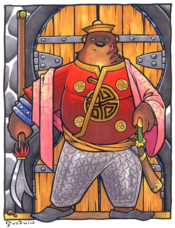 anthro clothing door guard hat headgear headwear male melee_weapon overweight overweight_anthro overweight_male scar slightly_chubby solo sword weapon chris_goodwin ironclaw_(rpg) jadeclaw bear mammal 2001 hi_res