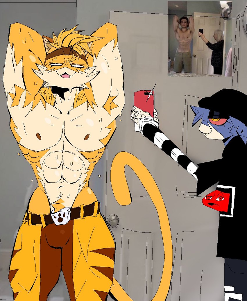 anthro armpit_hair biped bodily_fluids body_hair duo female fur green_body green_fur male male_focus muscular muscular_anthro muscular_male raised_arm solo_focus sweat sweaty_body white_body white_fur xexeezy epic_games fortnite meow_skulls meowtooth domestic_cat felid feline felis mammal 2024 hi_res