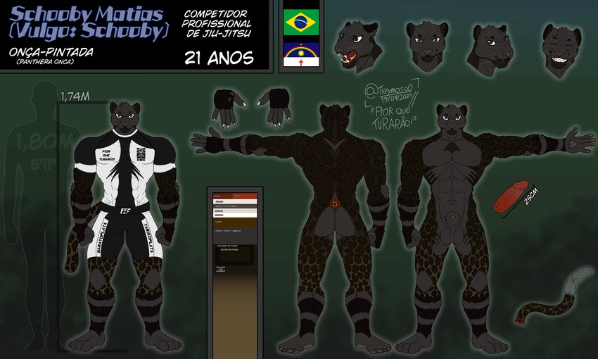 4_toes 5_fingers animal_genitalia anthro ball_tuft balls big_penis brazilian_flag claws clothing dark_body dark_fur docked_tail feet fingers fur genitals jiu-jitsu looking_at_viewer male markings melanistic multicolored_body multicolored_fur muscular muscular_anthro muscular_male pawpads penis retractable_claws scar sharp_teeth sheath short_fur short_tail simple_background smile solo spiked_penis spikes spikes_(anatomy) spots spotted_markings tail teeth text toes tuft uniform whiskers teymosoo schooby_m_(teymosoo) felid jaguar mammal pantherine 5:3 absurd_res hi_res model_sheet portuguese_text