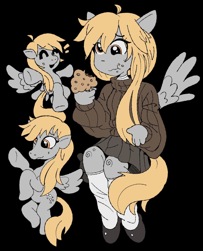 anthro black_background blonde_hair clothing cross-eyed cutie_mark eating female food footwear grey_body grey_ears grey_face grey_wings hair holding_food holding_muffin holding_object long_sleeves long_socks muffin multiple_poses pose shoes simple_background solo sweater tail topwear wings yellow_tail iluvrabbitz friendship_is_magic hasbro my_little_pony mythology derpy_hooves_(mlp) equid equine horse mammal mythological_creature mythological_equine pegasus pony 2024 absurd_res digital_drawing_(artwork) digital_media_(artwork) hi_res