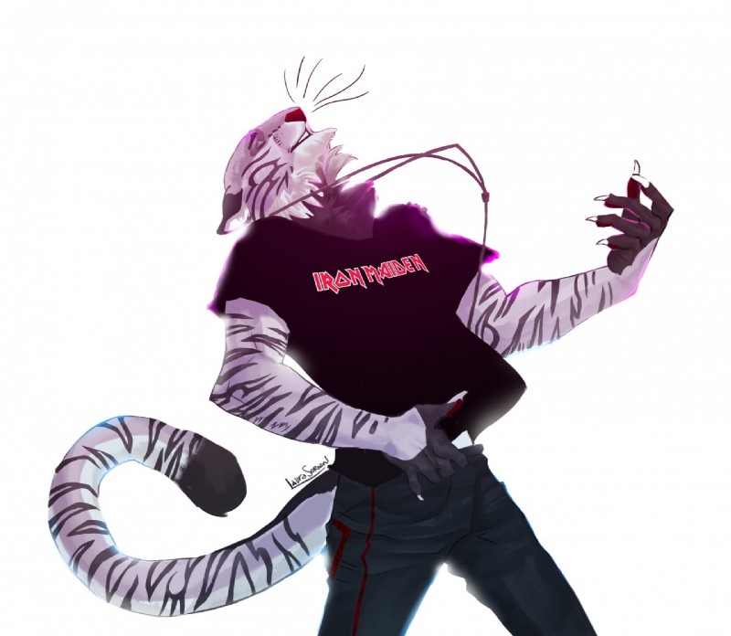 air_guitar anthro clothed clothing electronics fur headphones male simple_background solo standing white_background xviisideris iron_maiden_(band) felid mammal