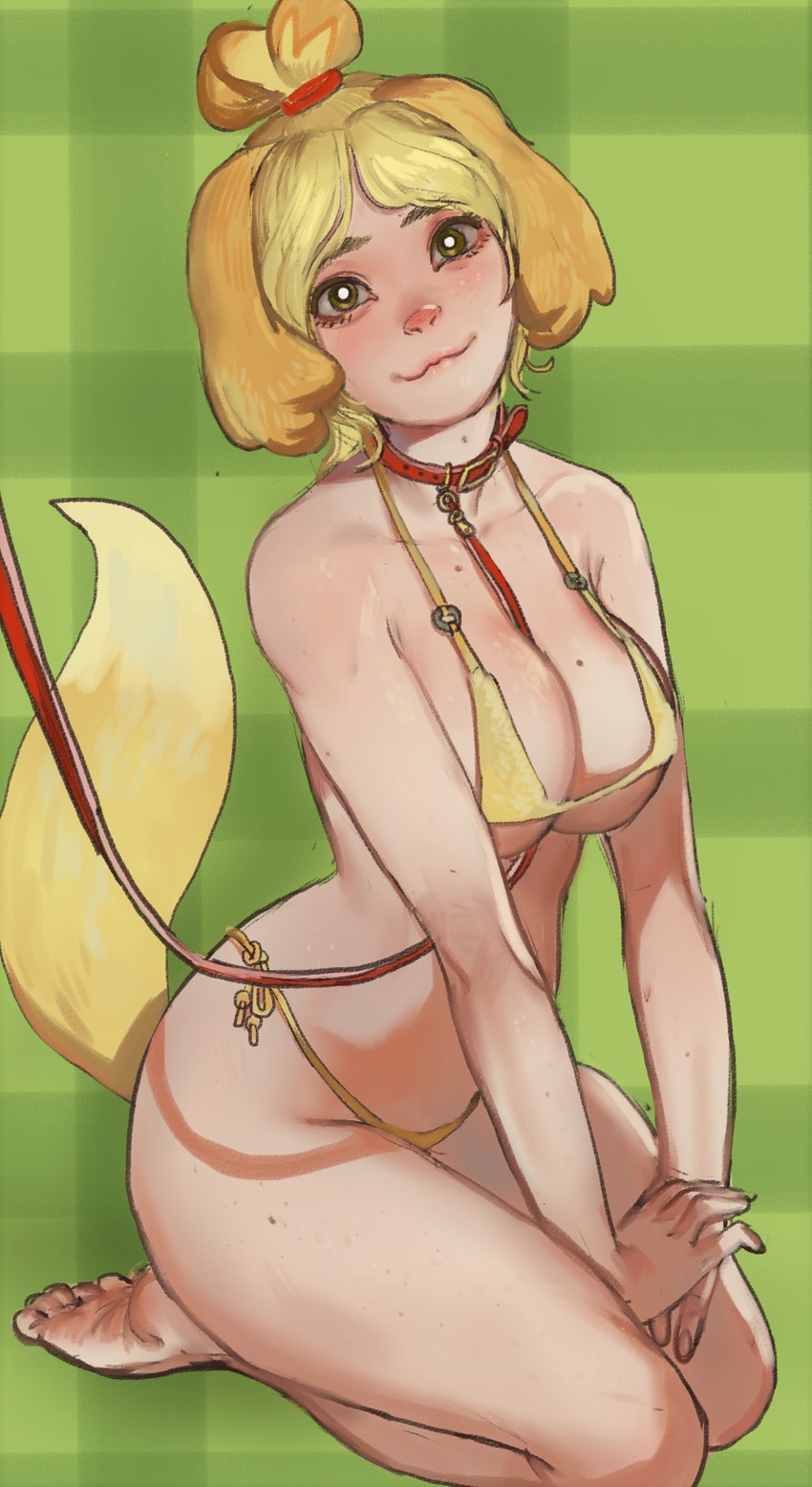 bikini breasts buckle clothing collar female fur hair looking_at_viewer o-ring o-ring_bikini o-ring_bikini_top o-ring_swimwear side-tie_bikini side-tie_clothing side-tie_swimwear smile solo string_bikini swimwear tail two-piece_swimsuit mossa animal_crossing nintendo isabelle_(animal_crossing) animal_humanoid canid canid_humanoid canine canine_humanoid canis dog_humanoid domestic_dog humanoid mammal mammal_humanoid hi_res