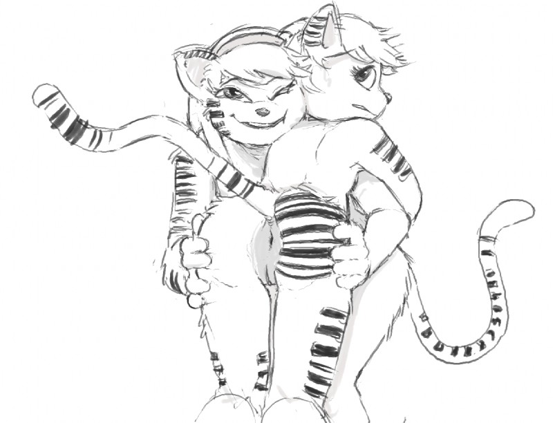 anthro anus butt duo female fur genitals hair hand_on_butt looking_at_viewer looking_back nude one_eye_closed presenting_partner pussy simple_background smile spread_butt spreading striped_body striped_fur stripes white_background wink smekbo latchkey_kingdom bridget_(latchkey_kingdom) jennifer_(latchkey_kingdom) felid mammal yuman monochrome sibling_(lore) sister_(lore) sisters_(lore)