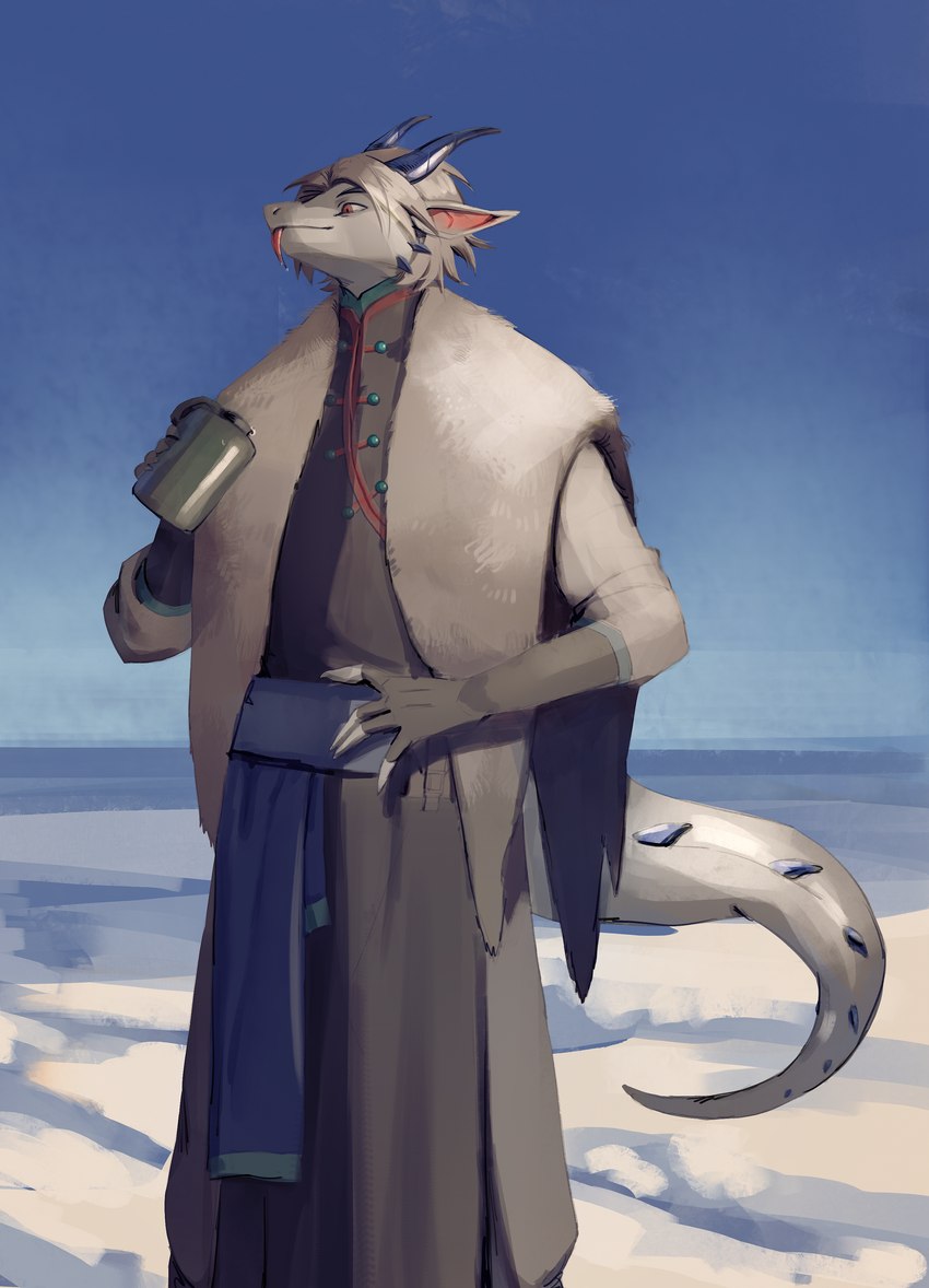 anthro drinking magic_user male shaman solo tail tribal_spellcaster winter boziee mythology fan_character dragon mythological_creature mythological_scalie scalie absurd_res hi_res