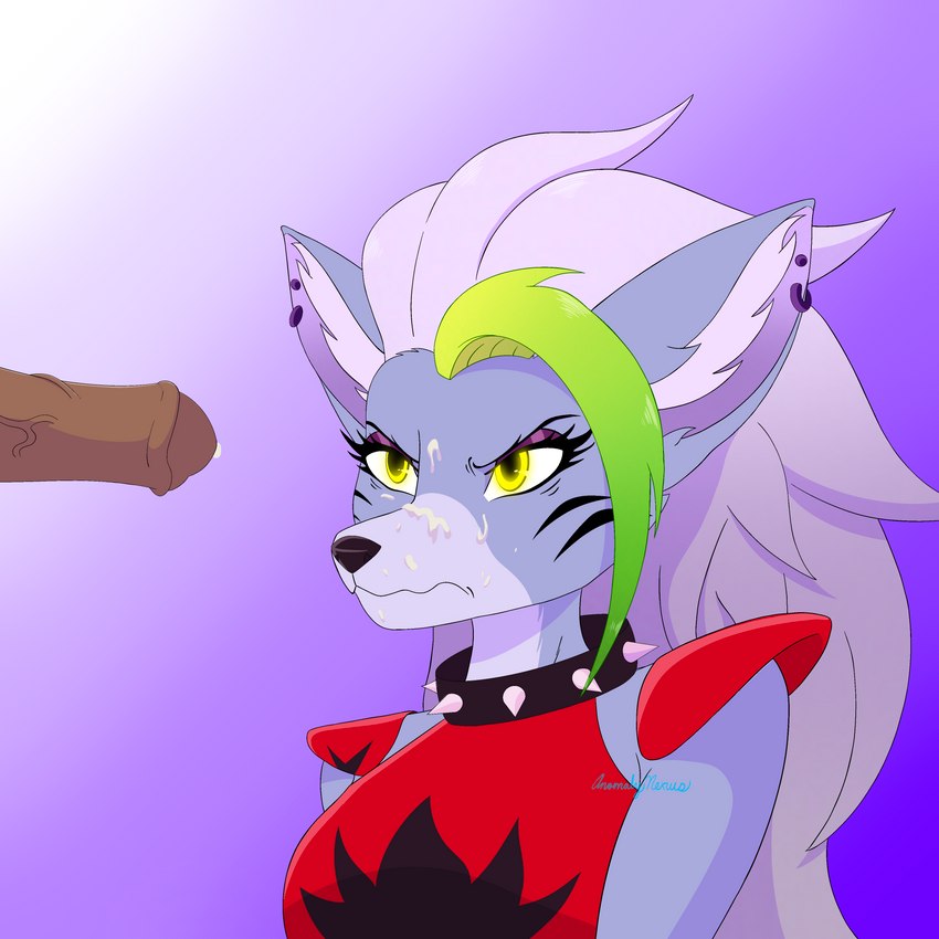 annoyed anthro bodily_fluids clothed clothing collar cum cum_on_face cumshot duo ear_piercing ear_ring ejaculation female fur genital_fluids genitals glare inner_ear_fluff machine male male/female penis piercing purple_body ring_piercing solo spiked_collar spikes tuft vein yellow_eyes anomalynexus five_nights_at_freddy's five_nights_at_freddy's:_security_breach scottgames steel_wool_studios roxanne_wolf animatronic canid canine canis mammal robot wolf 1:1 2022 absurd_res digital_media_(artwork) hi_res