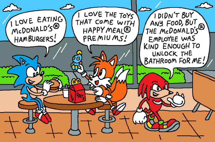 2_tails black_eyes blue_body blue_fur burger food fur group multi_tail red_body red_fur tail text toy white_body white_fur yellow_body yellow_fur keith2002 happy_meal mcdonald's sega sonic_the_hedgehog_(series) knuckles_the_echidna miles_prower sonic_the_hedgehog canid canine chao_(sonic) echidna eulipotyphlan fox hedgehog mammal monotreme english_text