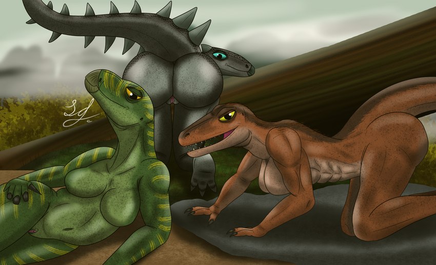 all_fours anthro beak big_breasts blue_eyes breasts brown_body butt claws featureless_breasts female fog green_body green_stripes grey_body group leaf long_tail lying mountain muscular muscular_female nature navel on_side outside plant presenting presenting_hindquarters rock sharp_teeth spikes spikes_(anatomy) stripes tail teeth tree trio yellow_eyes lindwormduality ankylosaurian dinosaur iguanodon iguanodontid megalosaurid megalosaurus ornithischian prehistoric_species reptile scalie theropod thyreophoran absurd_res hi_res