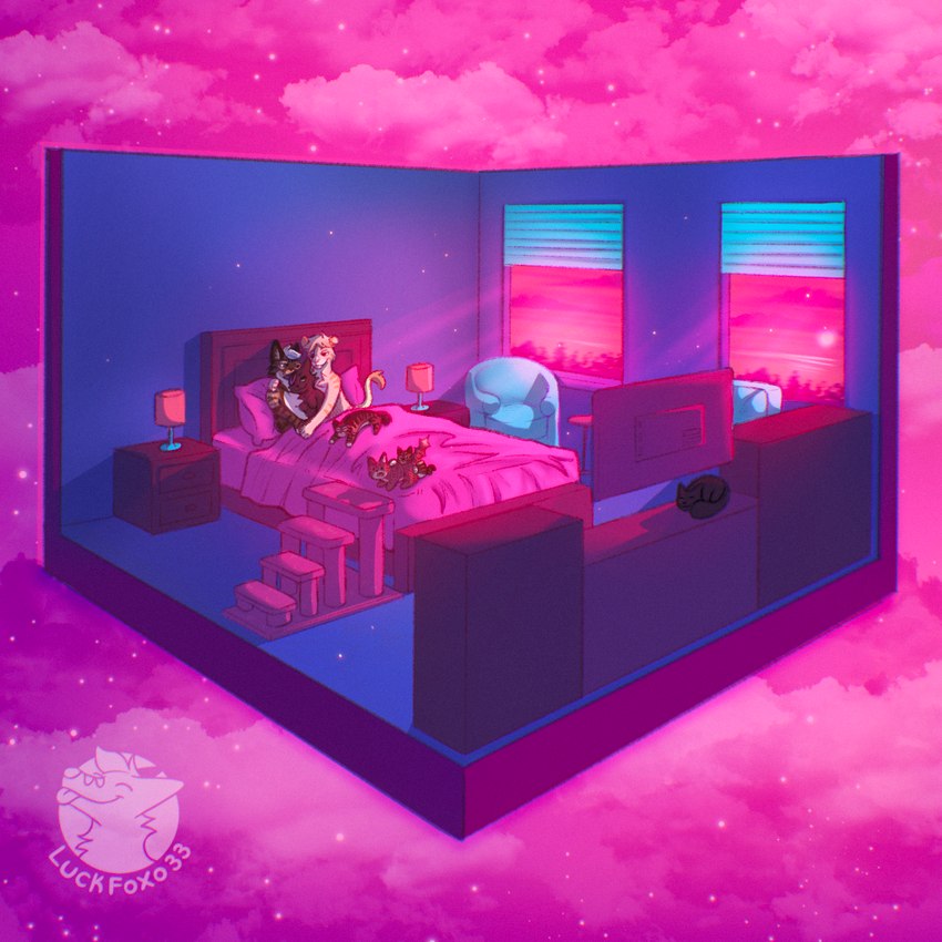 anthro bedroom cloud cube cuddling female floating holidays love male sunrise luckfoxo33 valentine's_day domestic_cat felid feline felis lion mammal pantherine pet_(disambiguation) pink hi_res