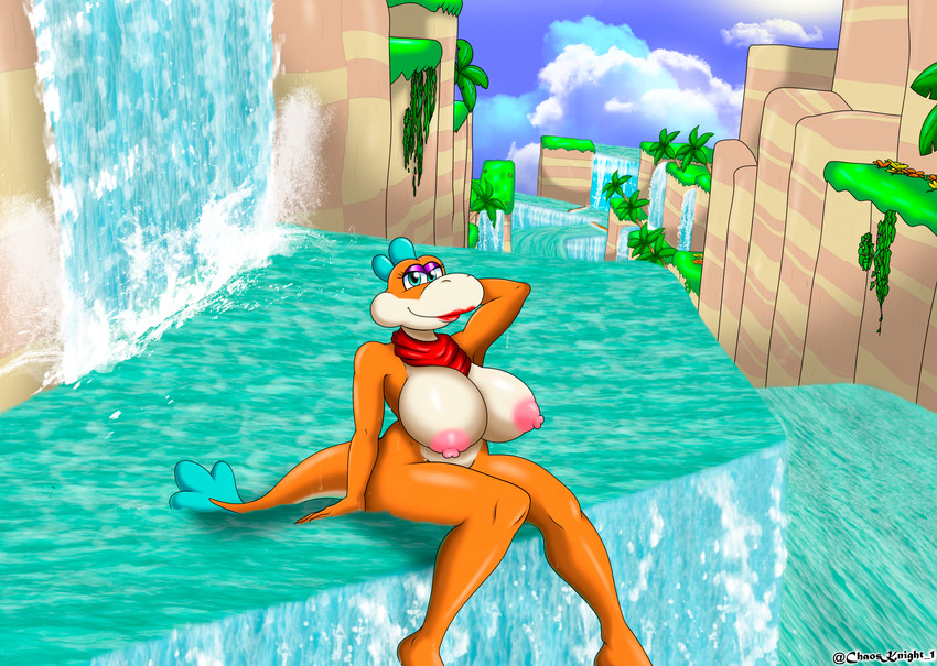 anthro bedroom_eyes big_breasts blue_eyes breasts eyeshadow female lipstick looking_at_viewer makeup narrowed_eyes orange_body seductive solo the_knight mario_bros nintendo super_mario_3d_world plessie dinosaur prehistoric_species reptile scalie hi_res