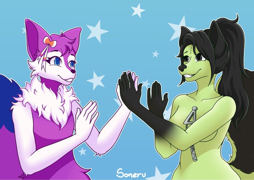 anthro black_eyes black_hair black_hands blue_eyes blue_tail_tip bow_ribbon cheek_tuft chest_tuft dipstick_tail duo facial_tuft female femboy fur green_body green_fur grin hair male male/female markings patty_cake purple_body purple_fur smile tail tail_markings tuft white_body white_fur zipper soneru invader_zim nickelodeon nintendo pokemon gir_(invader_zim) nino_(character) braixen canid canine fennec_fox fox generation_6_pokemon mammal mephitid pokemon_(species) skunk true_fox hi_res