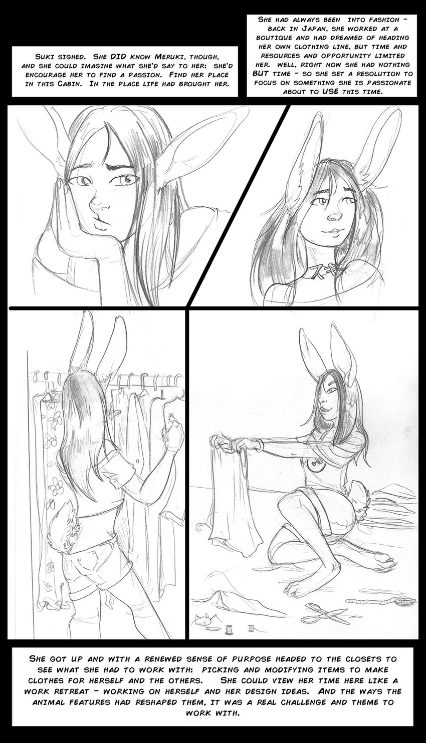 female hair midriff scissors scut_tail short_tail solo tail text wardrobe arania the_cabin_in_the_woods_(arania) suki_(tcitw) animal_humanoid humanoid lagomorph lagomorph_humanoid leporid_humanoid mammal mammal_humanoid rabbit_humanoid comic english_text hi_res monochrome