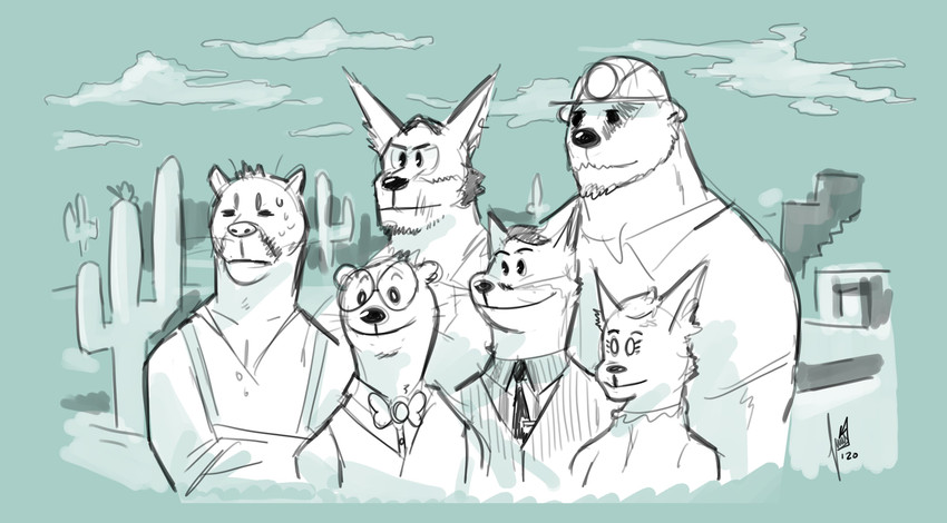 anthro cactus clothed clothing eyewear female fur glasses group male miner_helmet plant simple_background shtarfish echo_(series) echo_project the_smoke_room clifford_tibbits cynthia_(the_smoke_room) murdoch_byrnes nikolai_krol samuel_ayers william_adler badger canid canine canis cougar coyote european_badger felid feline fox mammal meles mustelid musteline red_fox stoat true_fox true_musteline weasel absurd_res digital_drawing_(artwork) digital_media_(artwork) hi_res