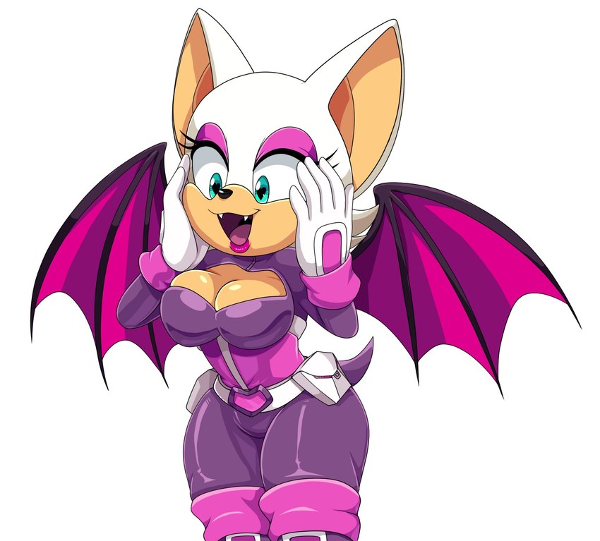 anthro bat_wings belt bodysuit breasts cleavage clothed clothing eyeshadow fangs female fur green_eyes heart_eyes heart_symbol lipstick makeup membrane_(anatomy) membranous_wings open_mouth simple_background skinsuit solo tan_body tan_skin teeth tight_clothing tongue white_background white_body white_fur wings scittykitty sega sonic_the_hedgehog_(series) rouge_the_bat bat mammal 2020 hi_res