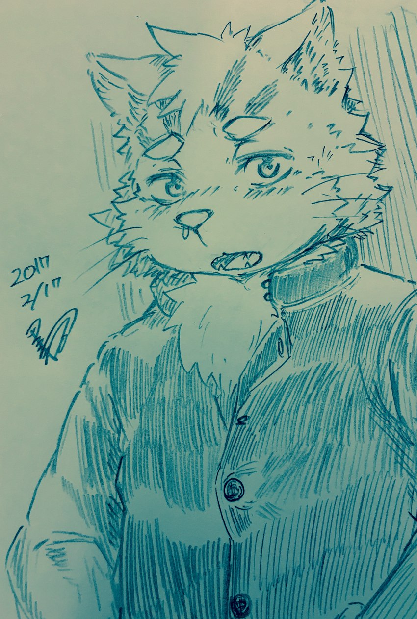 anthro blush clothing kemono looking_at_viewer male open_mouth school_uniform solo trading_card_game uniform kurokiriririri lifewonders tokyo_afterschool_summoners sitri_(tas) domestic_cat felid feline felis mammal 2017 absurd_res hi_res signature sketch traditional_media_(artwork)