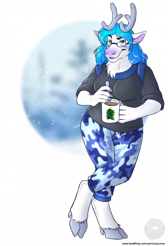 anthro antlers beverage breasts camo candy chocolate clothed clothing container cup dessert eyewear female food glasses horn hot_chocolate simple_background solo standing fuzzycoma reesa deer mammal new_world_deer reindeer digital_media_(artwork) hi_res