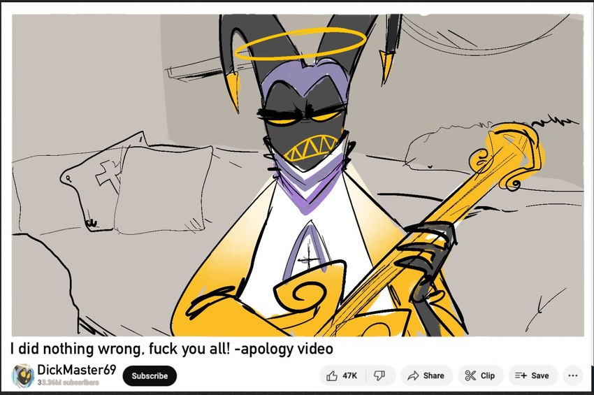 annoyed clothed clothing front_view halo horn male musical_instrument not_furry profanity solo text youtuber devilsroost hazbin_hotel toxic_gossip_train youtube adam_(hazbin_hotel) angel angel_humanoid humanoid english_text hi_res meme redraw