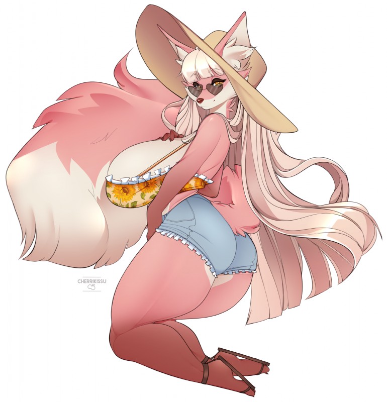 anthro big_breasts breasts butt claws clothed clothing eyewear feet female footwear glasses hair hat headgear headwear hindpaw huge_breasts long_hair looking_at_viewer paws sandals shoes simple_background smile solo sunglasses text thick_thighs toe_claws toes white_background yellow_eyes cherrikissu loyse canid canine fennec_fox fox mammal true_fox 2018 digital_media_(artwork) hi_res