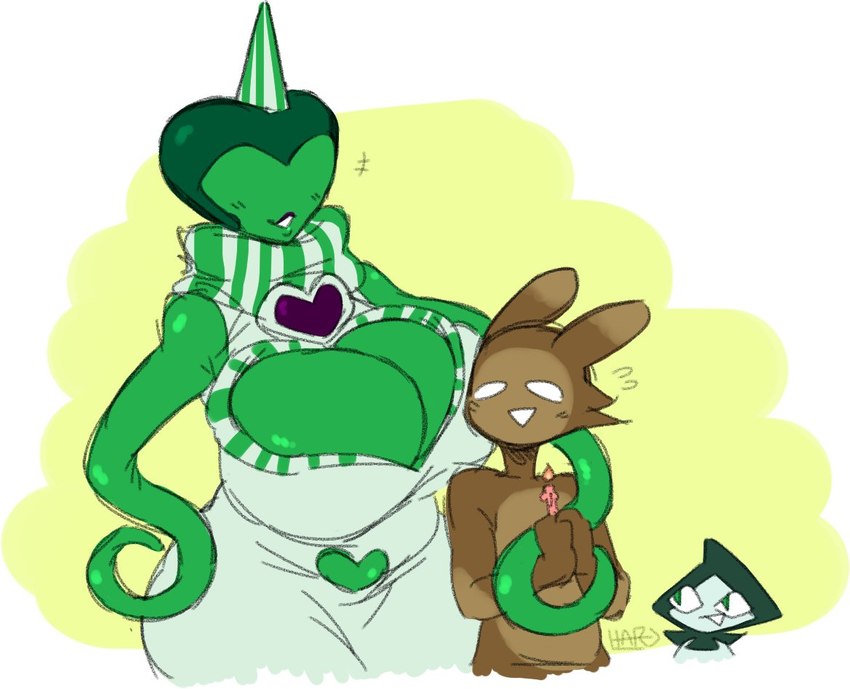 anthro big_breasts breasts cleavage clothed clothing eyeless female group heart_symbol male size_difference smile tentacles white_eyes little_hareboy deltarune undertale_(series) hathy humanoid lagomorph leporid mammal monster rabbit rudinn