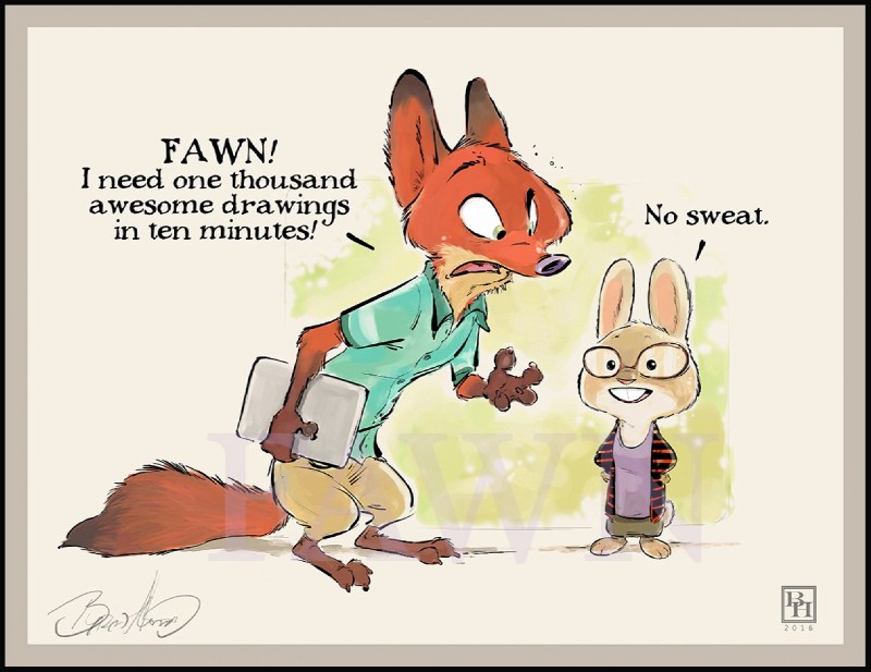 anthro barefoot border buckteeth clothed clothing dialogue duo feet fully_clothed fur grey_border holding_object orange_body orange_fur standing tan_body tan_fur teeth text byron_howard disney zootopia canid canine fox lagomorph leporid mammal rabbit red_fox true_fox 2016 english_text official_art