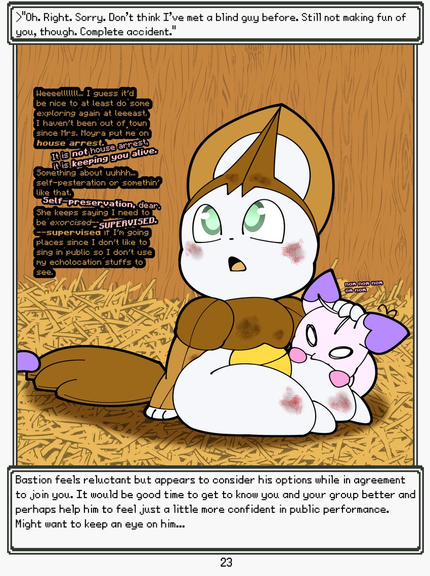 anthro blind dialogue disability duo female hay male narration nibbling sitting text wall_(structure) wood wood_wall softestpuffss nintendo pokemon pokemon_mystery_dungeon rodent_powered_(softestpuffss) spike_chunsoft ambrosia_(rodent_powered) bastion_marcs_(rodent_powered) chumouree_(rodent_powered) emolga generation_5_pokemon hybrid minccino pokemon_(species) absurd_res english_text hi_res