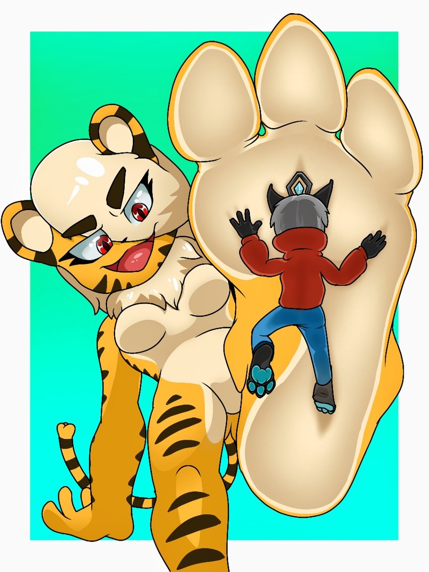 anthro duo feet female foot_fetish fur humanoid_feet larger_female looking_down macro male pawpads paws plantigrade red_eyes size_difference smaller_male soles step stepped_on stomped yellow_body yellow_fur lewdity tiffany_(lewdity) canid canine canis felid feline mammal pantherine tiger wolf 3:4 hi_res