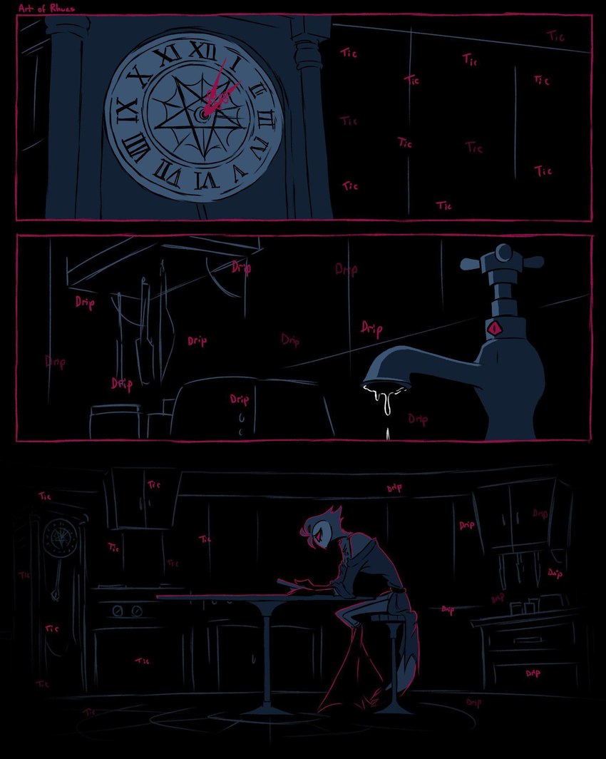 anthro chair clock clock_tower comic_panel domestic_abuse domestic_violence faucet furniture looking_down male on_chair pink_text sad sitting sitting_on_chair solo text three_frame_image artofrhues helluva_boss stolas_(helluva_boss) avian bird demon owl comic hi_res