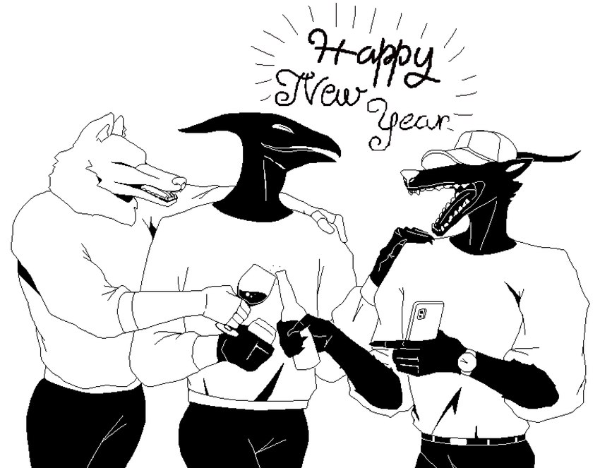 1-bit anthro beak black_body clothing group happy_new_year_2024 open_mouth trio mertvykhcrows oliver_(mertvykhcrows) avian canid canine fox mammal 2024 absurd_res black_and_white digital_media_(artwork) hi_res monochrome pixel_(artwork)