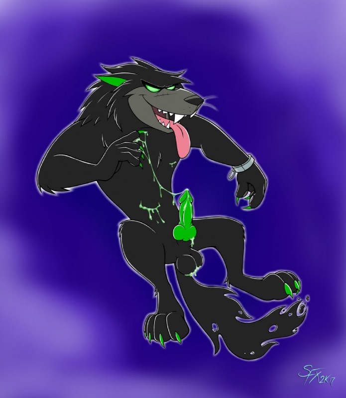 anthro bodily_fluids claws colored_cum cuff_(restraint) cum genital_fluids genitals glowing glowing_eyes green_cum green_eyes green_penis male penis restraints shackles solo tongue tongue_out unusual_bodily_fluids unusual_cum unusual_genital_fluids ian_r_soulfox danny_phantom nickelodeon wulf_(danny_phantom) canid canine canis ghost mammal spirit wolf 2017 hi_res