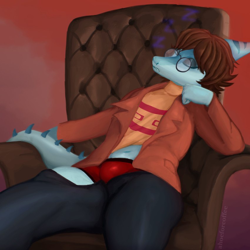 anthro blue_body blue_scales bottomwear bottomwear_down brown_hair bulge clothed clothing eyes_closed eyewear glasses hair jacket long_tail male multicolored_body multicolored_scales navel nerd pants pants_down partially_clothed scales short_hair simple_background sitting sleeping solo sound_effects spikes spikes_(anatomy) tail topwear two_tone_body two_tone_scales underwear vowelless vowelless_sound_effect zzz ahoeforcoffee cavemanon_studios i_wani_hug_that_gator benjamin_mcknight dinosaur hadrosaurid ornithischian ornithopod parasaurolophus prehistoric_species reptile scalie 1:1 2023 absurd_res artist_name digital_drawing_(artwork) digital_media_(artwork) hi_res watermark