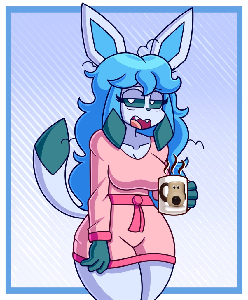 anthro beverage big_breasts blue_body blue_fur blue_hair blue_sclera breasts clothing coffee coffee_mug container cup fangs female fur hair long_hair looking_at_viewer messy_hair mug narrowed_eyes open_mouth pajamas pink_clothing pink_pajamas solo teeth thick_thighs tired tired_expression tired_eyes tongue white_eyes wide_hips mintyspirit aardman_animations gromit_mug nintendo pokemon wallace_and_gromit annyglaceon_(mintyspirit) fan_character gromit_(wallace_and_gromit) gromit_the_dog eeveelution generation_4_pokemon glaceon pokemon_(species) 2024