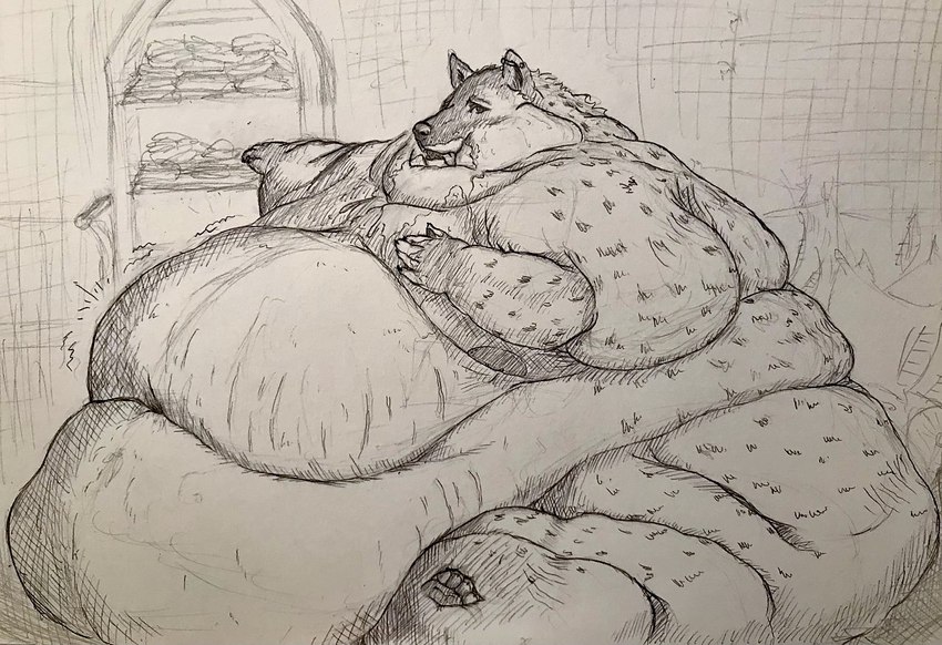 anthro arm_rolls belly belly_on_ground belly_rolls big_belly big_butt big_cheeks butt chubby_cheeks chubby_face claws double_chin ear_piercing fat_rolls food fur hand_on_chest huge_belly huge_cheeks hyper hyper_belly immobile industrial_piercing leg_rolls love_handles male markings moobs morbidly_obese morbidly_obese_anthro morbidly_obese_male motion_lines navel neck_rolls nude obese obese_anthro obese_male overweight overweight_anthro overweight_male piercing sitting solo spots spotted_body spotted_fur stretch_marks thick_thighs tongue tongue_out wide_hips binbow hyena mammal spotted_hyena