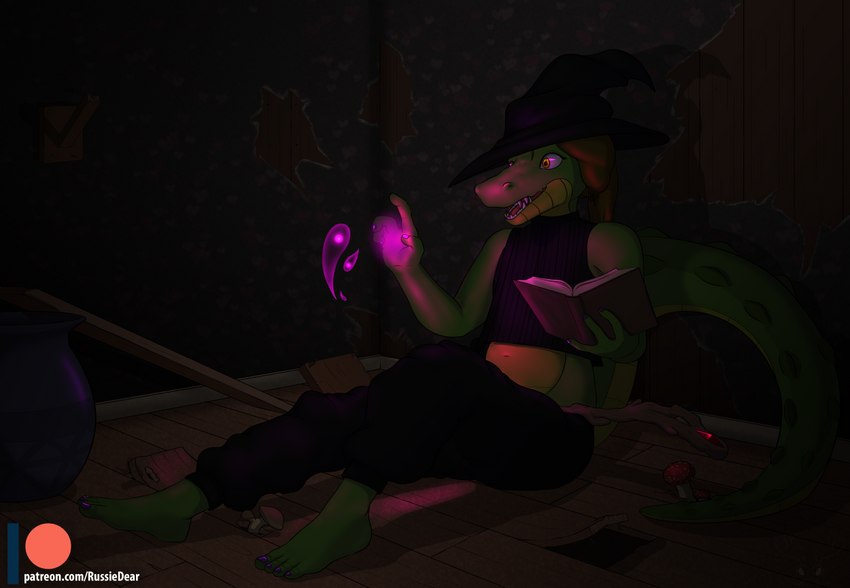 anthro biped book bottomwear brown_hair clothing colored_nails dark feet flaming_orb floorboards fungus glowing_orb green_body green_skin hair hat headgear headwear magic male mushroom nails oversized_bottomwear oversized_clothing oversized_pants pants solo staff teeth text witch_hat witchcraft yellow_eyes dr_zombie russie alligator alligatorid crocodilian reptile scalie digital_media_(artwork) full-length_portrait portrait url