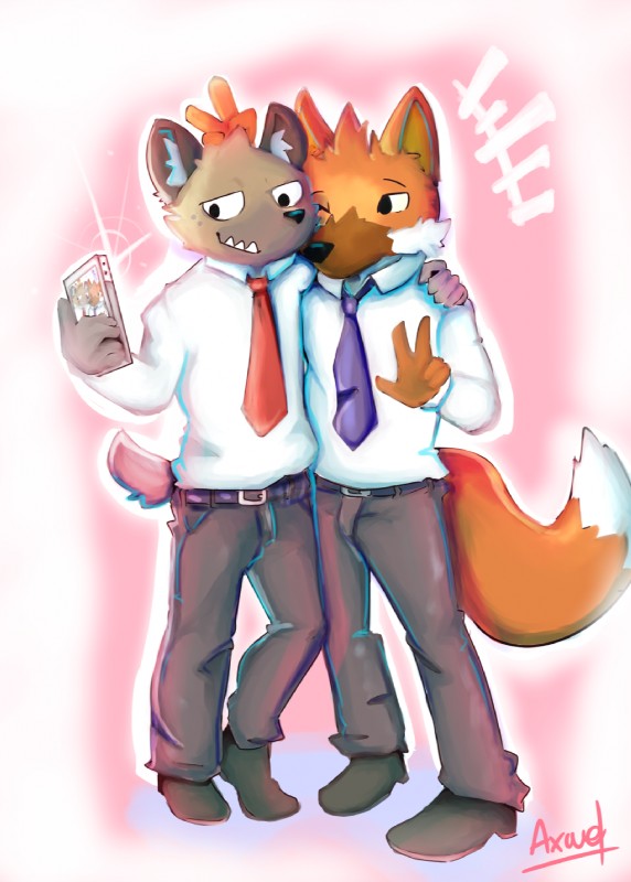 anthro clothing duo hug male selfie teeth axaeldraw aggretsuko sanrio haida_(aggretsuko) ookami_(aggretsuko) canid canine hyena mammal maned_wolf spotted_hyena hi_res