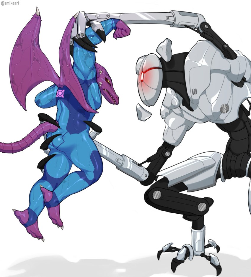 anthro bodily_fluids butt butt_grab duo fight hand_on_butt machine male suspension sweat violence wet zero_suit smikeart metroid metroid_dread nintendo e.m.m.i. ridley robot space_dragon_(metroid) hi_res