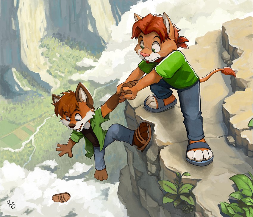 4_fingers 4_toes anthro bottomwear cheek_tuft cliff clothing detailed_background duo facial_tuft feet fingers footwear hair hand_holding jacket looking_at_another male male/male pants plant pointy_ears sandals shoes sky skyscape tail toes topwear tuft whisker_spots whiskers pandapaco cirrus_(cirruskitfox) zak_aryil canid canine felid fox lion mammal pantherine