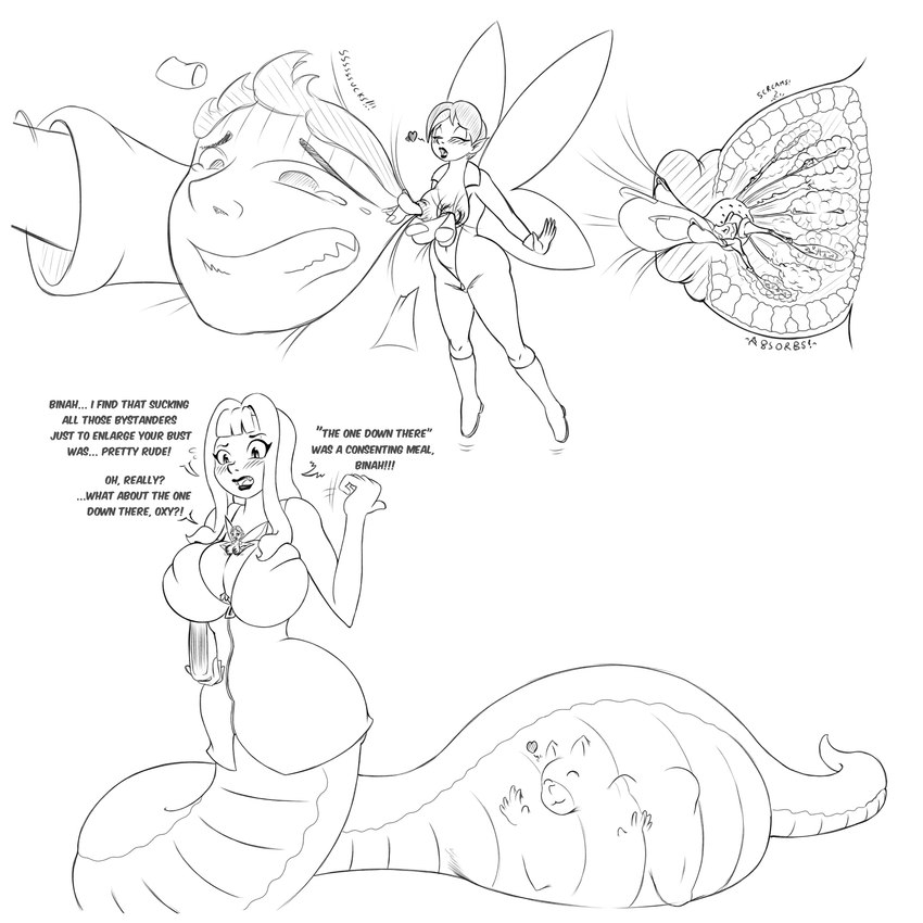 after_vore apode belly big_belly big_breasts breasts female female_pred group legless overweight serpentine simple_background split_form text vore white_background frakass draconcopode fairy human lamia mammal reptile scalie snake 1:1 2020 english_text hi_res monochrome