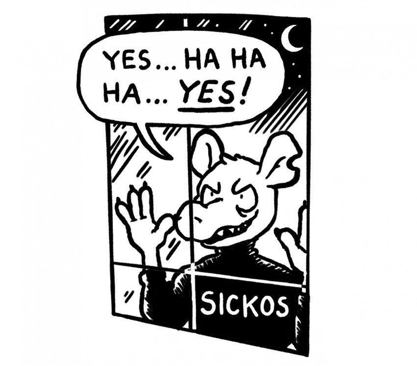 anthro black_clothing black_shirt black_topwear clothing crescent_moon male moon shirt smile solo speech_bubble standing topwear voyeur window crimetxt sickos_meme the_onion fylk american_opossum mammal marsupial meme monochrome reaction_image