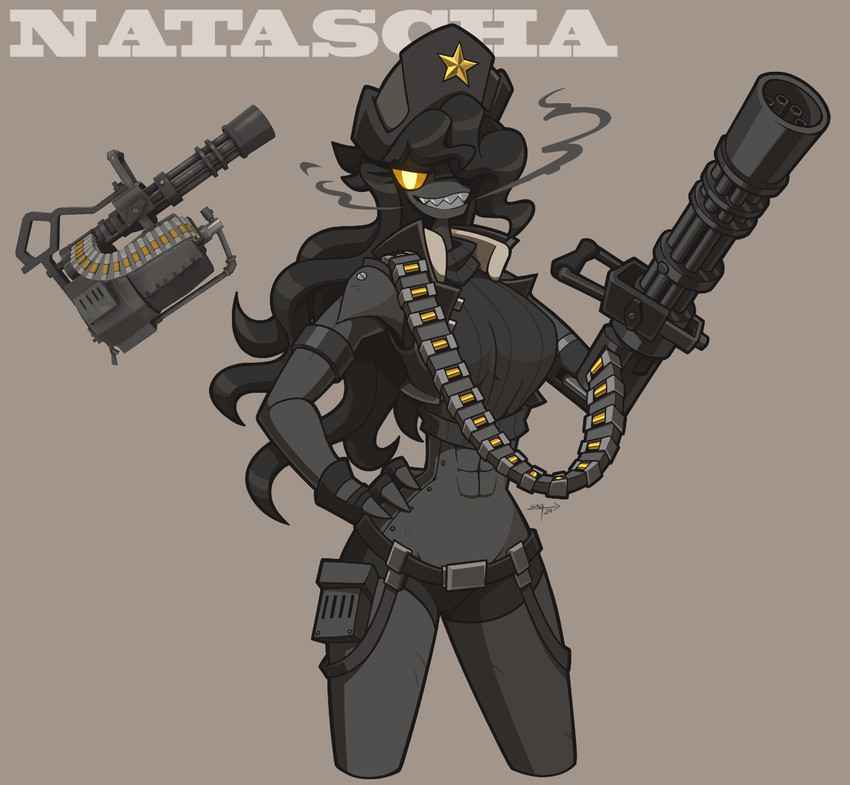 anthro black_body black_hair clothed clothing female gatling_gun gun hair hat headgear headwear machine_gun minigun ranged_weapon sharp_teeth simple_background smoke teeth weapon notyoursagittarius team_fortress_2 valve natascha_(team_fortress_2) ambiguous_species animate_inanimate living_weapon hi_res