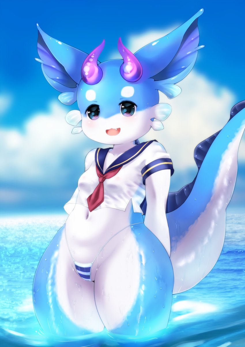 anthro asian_clothing bikini bikini_bottom biped blue_bikini blue_body blue_clothing blue_eyes blue_swimwear blush breasts camel_toe clothed clothing crop_top cute_fangs dress_shirt east_asian_clothing exposure_variation eyebrows fangs female frill_(anatomy) horn japanese_clothing japanese_school_uniform kemono kerchief multicolored_body navel neckerchief neckwear nipples open_mouth open_smile outside partially_submerged partially_visible_vulva pattern_bikini pattern_clothing pattern_swimwear pear-shaped_figure purple_horn red_kerchief red_neckerchief sailor_collar school_uniform sea serafuku shirt small_breasts smile solo striped_bikini striped_clothing striped_swimwear stripes swimwear tail teeth thick_tail thick_thighs topwear translucent translucent_clothing translucent_shirt translucent_topwear two-piece_swimsuit two_tone_body uniform water wet wet_body white_bikini white_body white_clothing white_dress_shirt white_swimwear wide_hips young young_anthro young_female tororoudn mythology furappe_(tororoudn) aquatic_dragon dragon marine mythological_creature mythological_scalie scalie 2021 hi_res male_(lore)