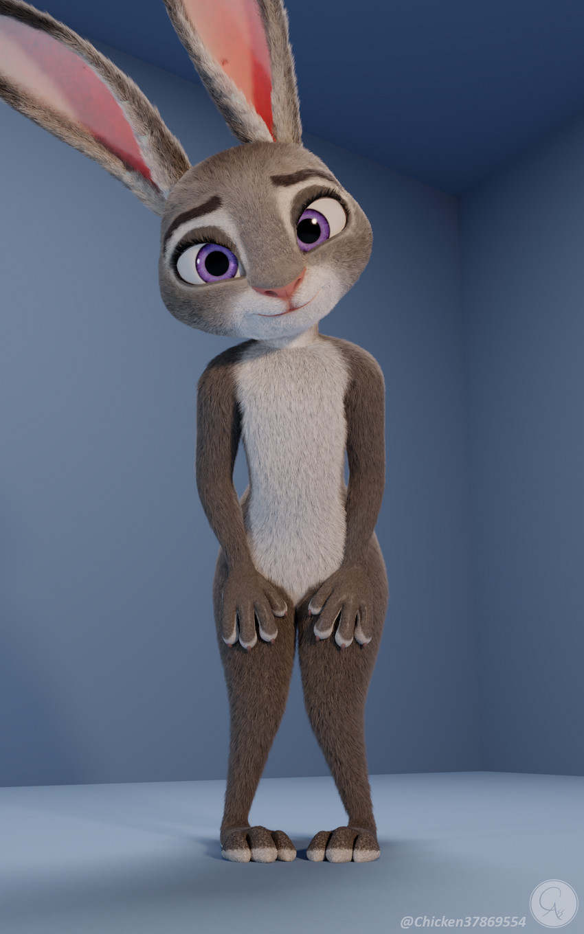 3_toes 4_fingers anthro extended_arms feet female fingers fur hands_on_legs hands_on_own_legs hands_on_own_thighs hands_on_thighs long_ears looking_at_viewer multicolored_ears nude purple_eyes simple_background smile smiling_at_viewer solo standing straight_legs text toes chickenass disney zootopia judy_hopps lagomorph leporid mammal rabbit 3d_(artwork) 5:8 digital_media_(artwork) hi_res