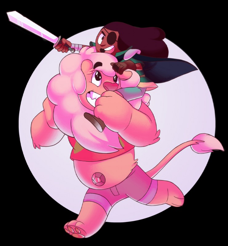 3_toes barefoot belly_gem biped blush border carrying_another circle duo eye_patch eyewear feet female fluffy fur fusion gem holding_object holding_weapon male melee_weapon on_shoulders on_top on_top_of pawpads pink_body pink_fur pink_pawpads slightly_chubby smile soles star sword toes transparent_border weapon silentazrael cartoon_network steven_universe connie_maheswaran lion_(steven_universe) steven_quartz_universe stion alien diamond_(gem_species) felid human lion mammal pantherine alpha_channel digital_media_(artwork) full-length_portrait pink_theme portrait