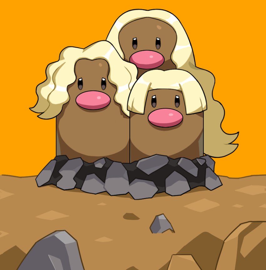 ambiguous_gender black_eyes blonde_hair brown_body feral front_view hair light_hair long_hair orange_background pink_nose rock simple_background solo drunk_oak nintendo pokemon alolan_dugtrio alolan_form generation_7_pokemon pokemon_(species) regional_form_(pokemon) 2023