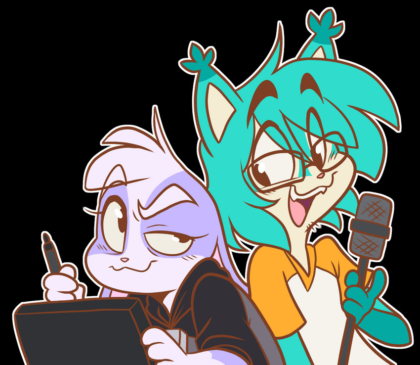 anthro blue_body blue_fur blush drawing_tablet duo electronics eyewear female fur glasses long_ears male microphone purple_body purple_fur smile smirk tablet ashley_nichols hunicast hunibun kovicat felid lagomorph leporid mammal rabbit alpha_channel