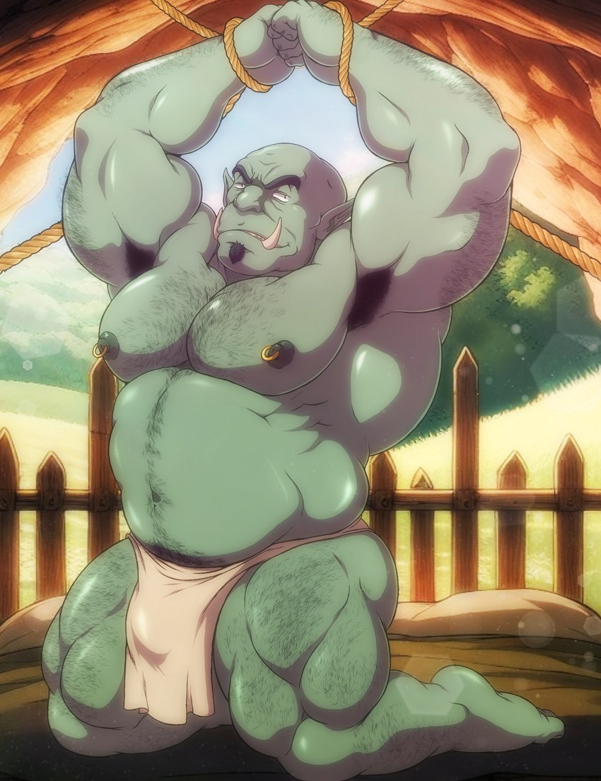 armpit_hair body_hair bottomwear clothing fangs green_body green_skin humanoid_pointy_ears loincloth male muscular muscular_humanoid muscular_male muscular_sub nipple_piercing nipples pecs piercing pointy_ears solo submissive teeth funeral-paws humanoid orc hi_res