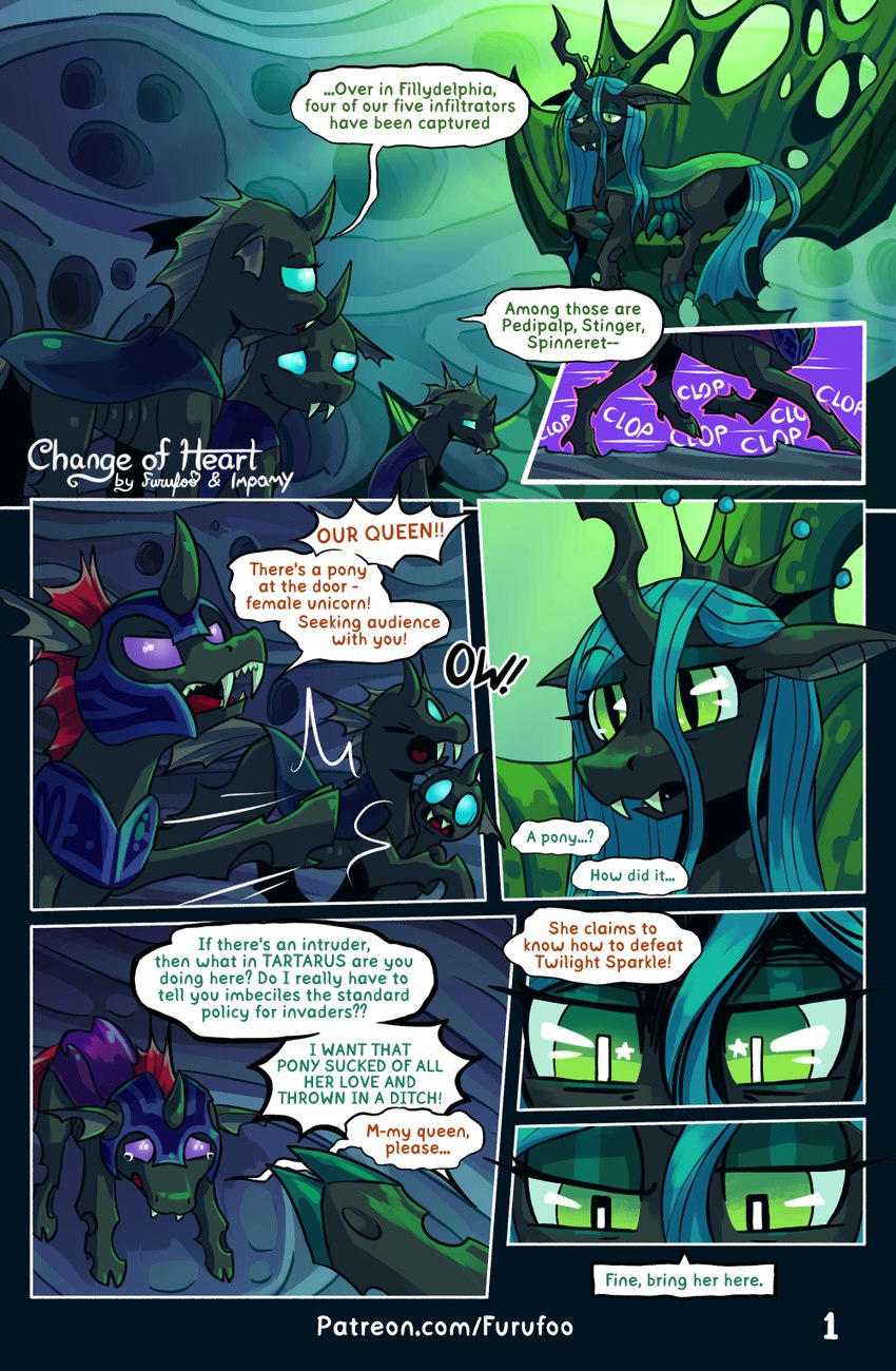 cape chair clothing cloven_hooves crowd dialogue eyeshadow fangs female feral furniture green_eyes group hat headgear headwear hooves magic makeup pupils slit_pupils swarm teeth text throne witch_hat furufoo vikriviri friendship_is_magic hasbro my_little_pony pharynx_(mlp) queen_chrysalis_(mlp) arthropod changeling equid equine horse mammal pony comic english_text hi_res url