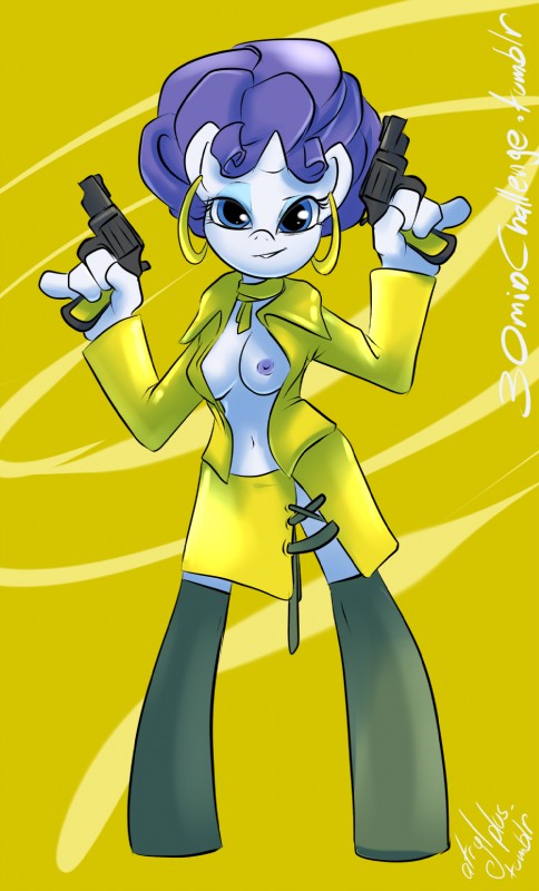 1970s_theme anthro anthrofied biped breasts clothed clothing ear_piercing female gun handgun holding_gun holding_object holding_ranged_weapon holding_weapon horn looking_at_viewer nipples one_breast_out piercing ranged_weapon revolver solo standing weapon atryl friendship_is_magic hasbro my_little_pony mythology rarity_(mlp) equid equine mammal mythological_creature mythological_equine unicorn digital_media_(artwork) hi_res