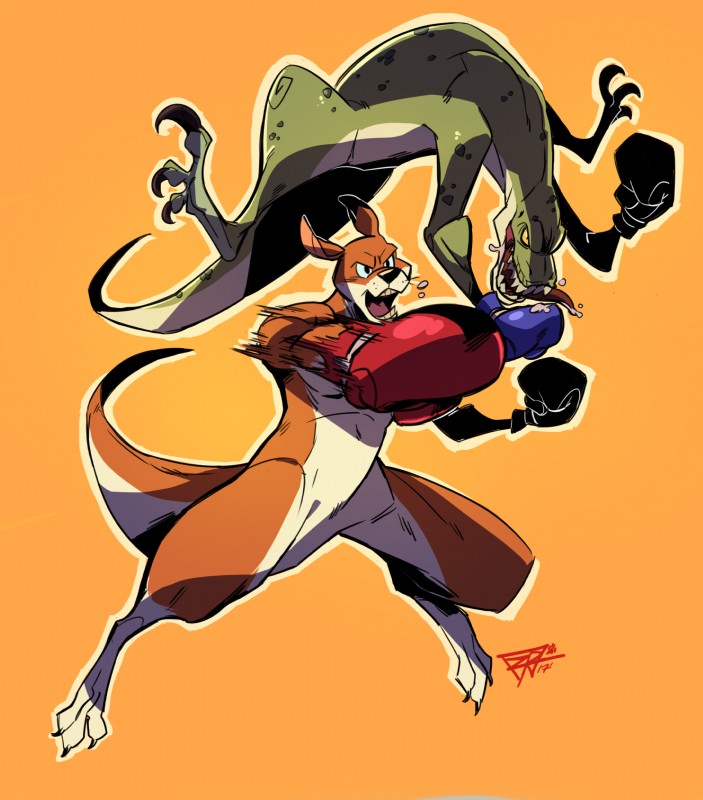 black_eyes blue_sclera bodily_fluids boxing boxing_gloves brown_body brown_fur claws clothing drooling duo fur green_body green_scales handwear open_mouth orange_background saliva scales simple_background sport toe_claws tongue tongue_out yellow_sclera zkaijuraptor tekken tekken_2 alex_(tekken) roger_(tekken) dinosaur kangaroo macropod mammal marsupial prehistoric_species reptile scalie 2017 absurd_res hi_res signature